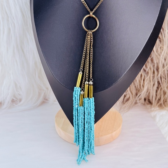 Bohemian southwestern chic aged brass tone blue beaded fringe long necklace - Picture 4 of 8
